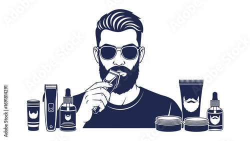 Stylish bearded man with sunglasses grooming his beard with a trimmer surrounded by various beard care products and accessories