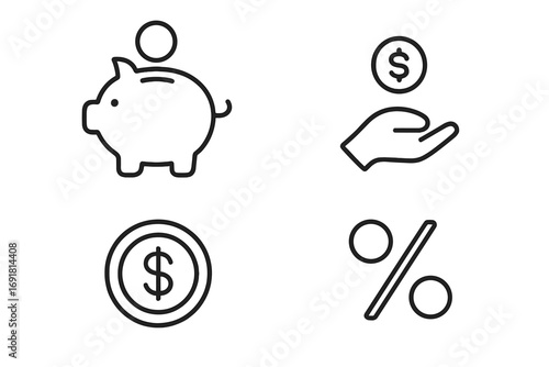 Piggy bank savings icon with dollar coin, percent sign line art bundle, editable stroke minimalist linear pictogram set for financial design, apps, banners, marketing, vector cartoon
