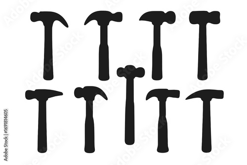 Set of hammer silhouettes in various styles and shapes, vector cartoon illustration with transparent background, diverse hammer icons collection, ordered set for tool design