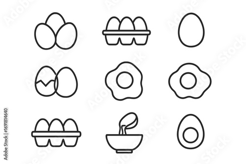 Egg food line icon set. Vector collection breakfast cooking symbols. Fried, boiled, cracked egg, carton. Editable stroke for web design, app, recipe, menu graphic.