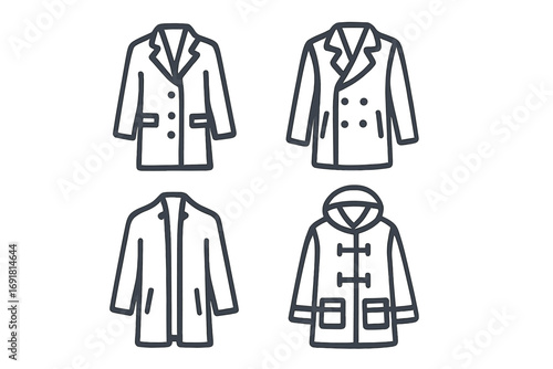 Minimalist coat icons set in flat style for fashion design projects, vector cartoon illustration with transparent background, ordered collection of stylish outerwear graphics