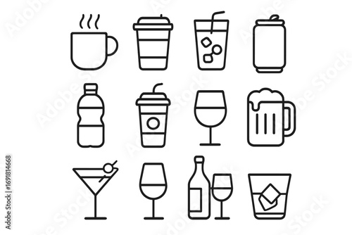 Drink and beverage line icon set. Vector symbols for coffee, alcohol, and soft drinks. Minimal pictogram collection for bar or cafe menu design. Editable stroke. Beer, wine.