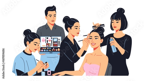 Diverse group of aspiring makeup artists learning and practicing cosmetic application techniques in a professional beauty school setting