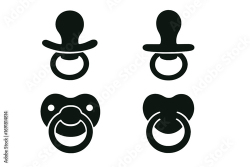 Silhouette Baby Pacifier Set Minimalist Design for Nursery Decor, Vector Cartoon Icons, Black Simple Baby Soother Collection, Transparent Background, Ordered Set
