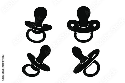 Silhouette baby pacifier set in minimalistic style, nursery decor vector illustration, cartoon baby soothers with ring handles, transparent background, ordered collection