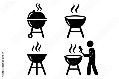 Silhouette barbecue grill icons set for outdoor cooking designs, vector cartoon illustration with transparent background, BBQ grill silhouette collection for summer cookouts and grilling