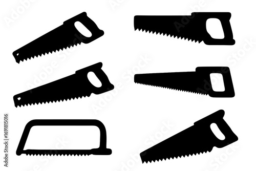 Silhouette set of six different hand saws with various blade shapes and handles on white background, vector illustration, carpenter tools, woodworking equipment collection