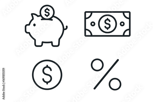 Finance and money line icon set. Piggy bank for savings, dollar banknote, coin, and percent sign. Concept for banking, investment, budget, economy, and deposit. Vector.