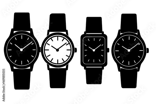 Silhouette collection of classic wristwatch designs with minimalist dials, vector cartoon illustration set, transparent background, elegant timepiece styles, ordered arrangement