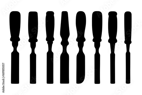 Silhouette chisel icons collection for woodworking and carpentry tools set, vector black wood carving blades, carpentry instrument silhouettes, artisan crafting design elements, transparent background