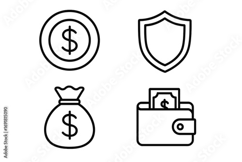 Money and Finance line icon set. Concepts for savings, insurance, investment, security. Vector icons including dollar coin, shield, money bag, wallet for banking app or website.