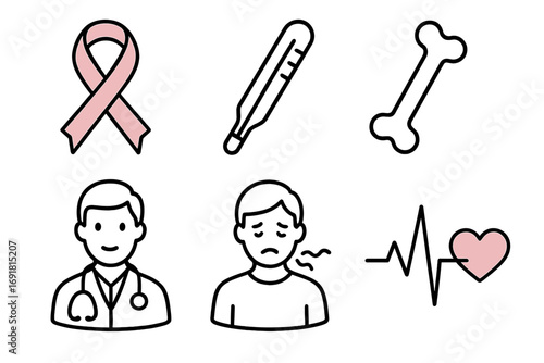 Medical and healthcare icon set. Line art collection with pink ribbon for breast cancer, doctor, ill patient, thermometer, bone, and heart cardiogram. Vector symbols.