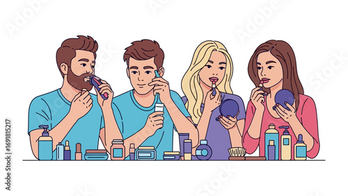 Diverse group of young adults applying makeup and skincare products together in a fun and modern illustration style