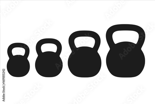 Silhouette collection of kettlebells in minimalist style, vector cartoon illustration, ordered set of fitness weights, gym equipment icons on white background, strength training tools