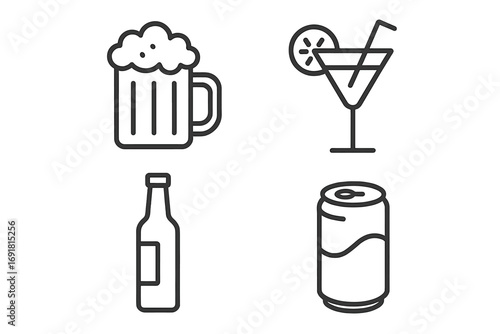 Drink and beverage line icon set. Vector symbols of alcohol and soft drinks. Includes beer mug, cocktail, bottle, and soda can. Linear pictogram for bar menu, party, web design.