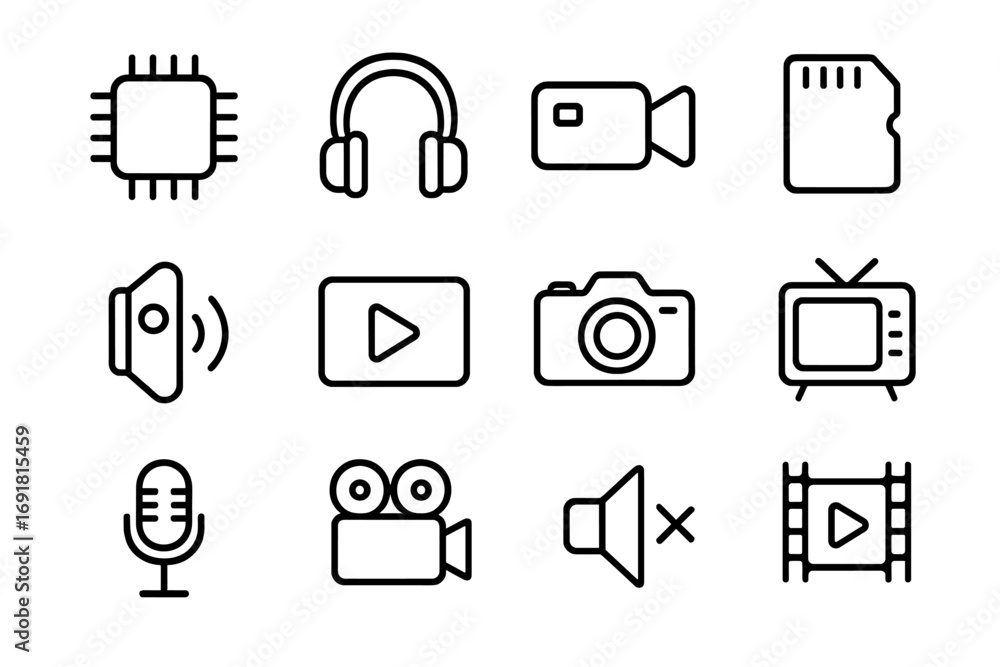 Sound and video line icon set. Multimedia pictogram collection. Audio, movie, photo camera, mic, headphones, play button symbols for web, apps, UI, UX design. Vector.