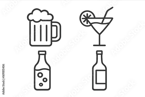 Beverage and alcohol drinks line icon set. Simple linear illustrations of a beer mug, cocktail glass, and soda bottle. Minimalist outline vector icons for a bar menu, app, or web.