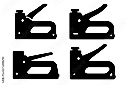 Silhouette staple guns set in multiple angles and positions, vector illustration, tool icons collection, construction and carpentry equipment, black and white, transparent background