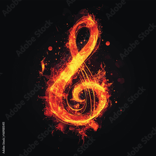 Fiery Treble Clef Design on Black , vector style simple color