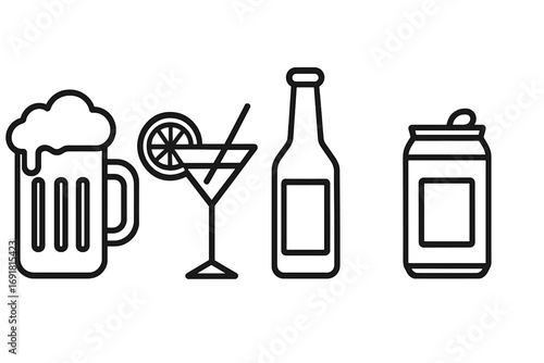 Drinks icon set. Alcohol and soft drinks simple line icons. Beer mug, cocktail glass, bottle, soda can. Bar menu design element. Beverage symbol. Outline vector illustration.