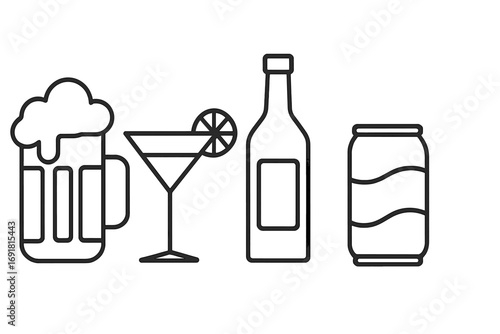 Drinks and beverages linear icon set. Vector symbols for alcohol, beer, cocktail, wine bottle, and soda can. Simple outline graphic for bar menu, party, pub, web design.