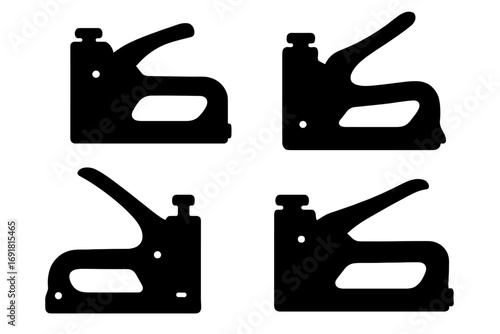Silhouette icons of staple guns in various angles and positions, vector clipart set with transparent background, sharp tool illustration for construction, office, and crafts