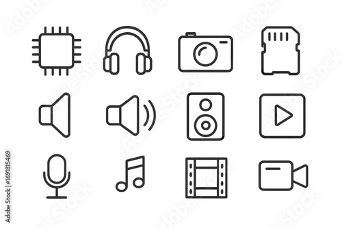 Sound and video line icon bundle. Modern multimedia collection for web sites, apps. Linear icons of chip, headphones, camera, memory card, speaker, microphone, film. Vector set.