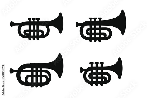 Silhouette icons of various trumpets in minimalist vector cartoon style, black trumpet illustrations on white background with transparent background, ordered set of musical instrument graphics