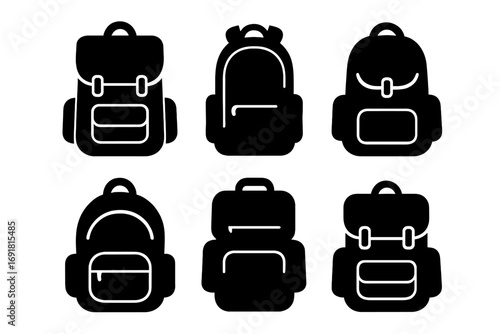 Silhouette icons set of six backpacks in minimalist design vector illustration with transparent background ordered set travel school hiking adventure gear bag symbols