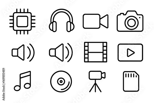 Sound and video line icon collection. Multimedia pictograms. Audio visual outline symbols. Contains chip, headphones, camera, memory card, speaker, film, play button, music. Vector.