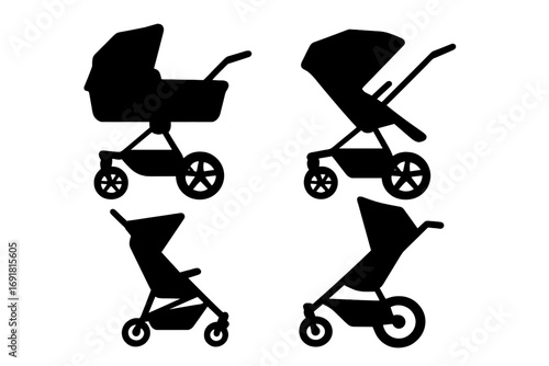 Silhouettes of baby strollers in various modern designs for parenting, vector illustration set, diverse styles of baby prams with transparent background, stroller collection