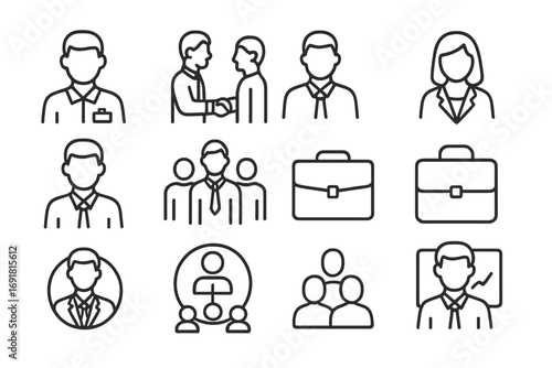 Business and staff line icon set. Corporate employee, team management, and human resources symbols. Vector icons for presentation, office, worker, and handshake deal.