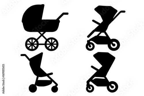 Silhouette set of baby strollers in various modern designs for parenting, vector cartoon illustration, transport prams with wheels, child carriers, baby carts, transparent background