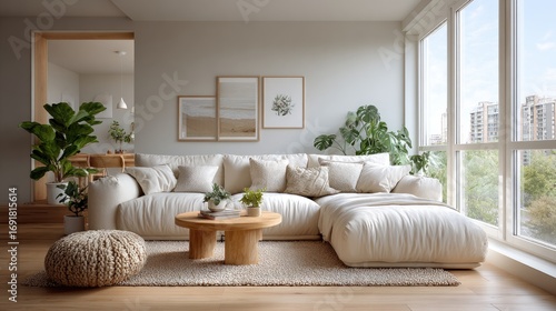 Cozy living room interior design modern apartment furniture showcase bright atmosphere wide angle view comfort and style