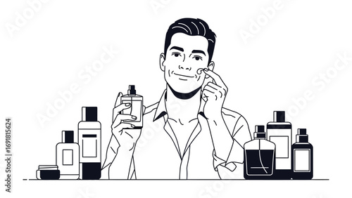 Man applying facial serum or moisturizer with a cotton pad surrounded by a collection of elegant men s grooming and skincare bottles