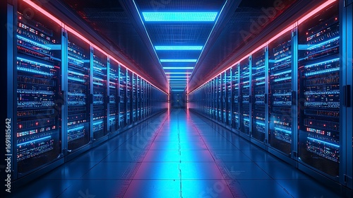 A futuristic server room filled with advanced data processing equipment