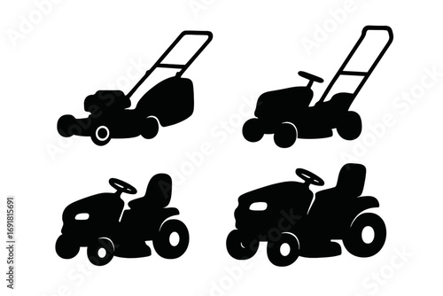 Silhouette set of lawn equipment including lawn mowers and riding tractors, vector cartoon illustration with transparent background, ordered collection, outdoor gardening tools