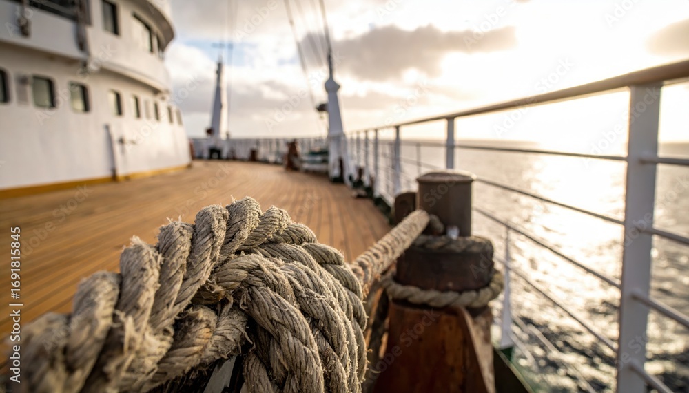 Obraz premium Ship Deck with Rope and Ocean View