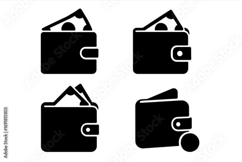 Silhouette wallet icons set minimalist designs for money management, cash storage, finance symbol, payment, savings, investment, personal banking, digital and physical wallets, vector illustration