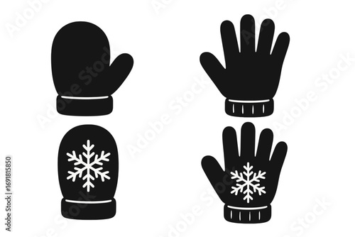 Simple black and white winter glove and mitten silhouettes with snowflake patterns, warm winter handwear collection, vector cartoon illustration, transparent background, ordered set