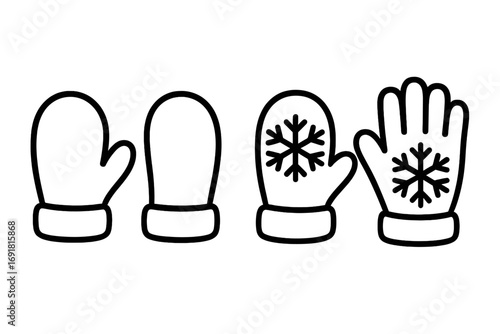 Simple black and white winter glove shapes with mittens and snowflake design, vector cartoon illustration, transparent background, warm cold weather accessories, ordered set