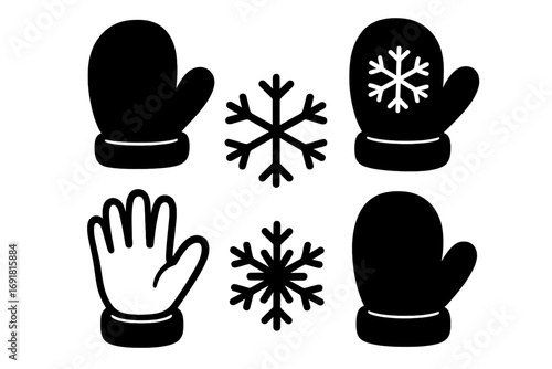 Black and white winter glove and mitten icons with snowflake designs, vector cartoon illustration set, cold weather handwear, warm accessories collection, transparent background