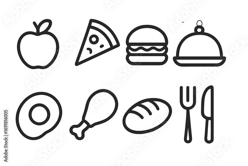 Minimalist linear food icons set, cutlery, pizza slice, burger, chicken leg, fried egg, bread loaf, apple, tray cover, simple cartoon style transparent background