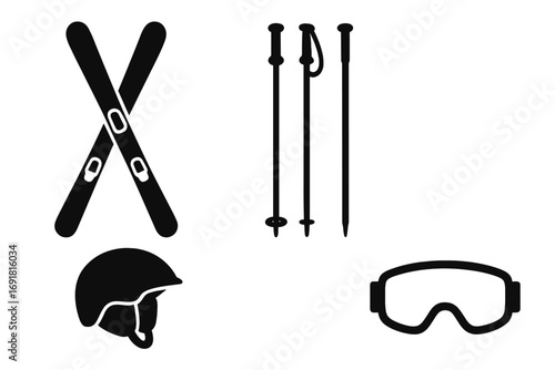 Minimalist ski equipment silhouette set in black and white, winter sports gear icons vector, crossed skis, ski poles, helmet and goggles, isolated transparent background