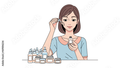 Young woman applying facial serum from a dropper bottle to her cheek surrounded by various skincare products and bottles on a table