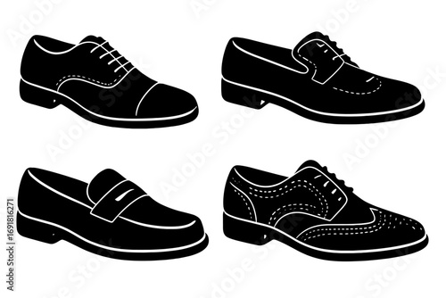 Men's classic dress shoe collection silhouette designs. Set of black vector icons includes oxfords, loafers, and brogues. Formal footwear for business and fashion.