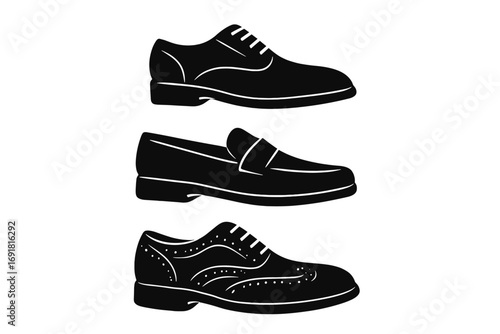 Classic men's shoe collection silhouette. Vector set of formal footwear icons like oxfords, loafers, and brogues. Gentleman fashion and style concept illustration.