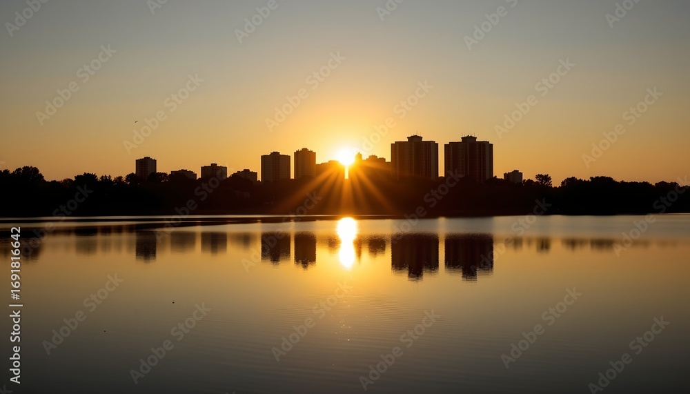 Fototapeta premium Golden Sunset Reflection Skyline and Water Scene