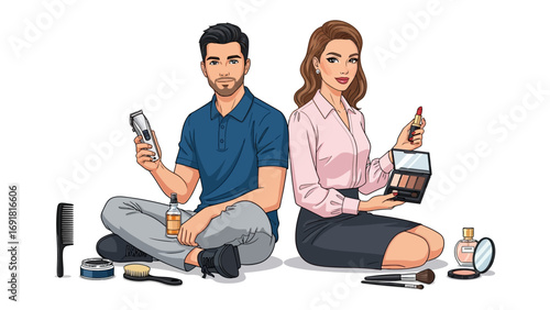 Diverse gender expression in beauty and makeup application with a man and woman holding cosmetics and tools representing inclusivity and modern gender roles in personal grooming