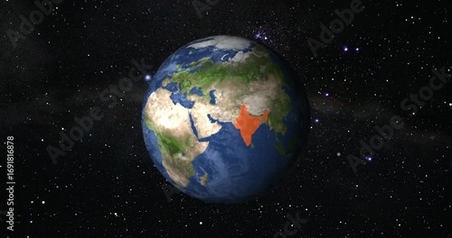 India map highlighted with border, zooming in from the space. Beautiful View of the Globe from Orbit Satellite.
